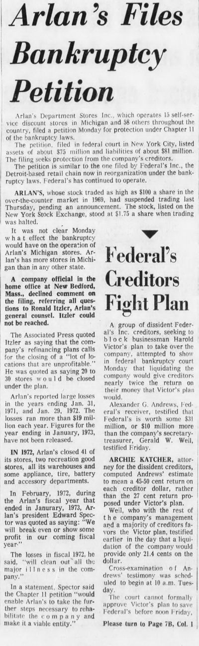 Arlans - Bankruptcy May 5 1973